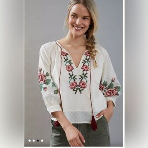 Antropology Chelsea & Theodore White Blouse with Pink Floral Embroidery